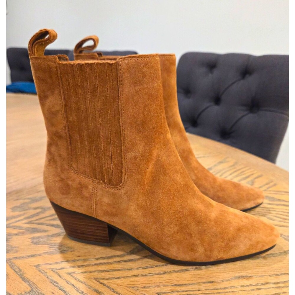 J Crew Chelsea Boots Womens 6.5 Brown Suede Leather Western Block Heel Booties
